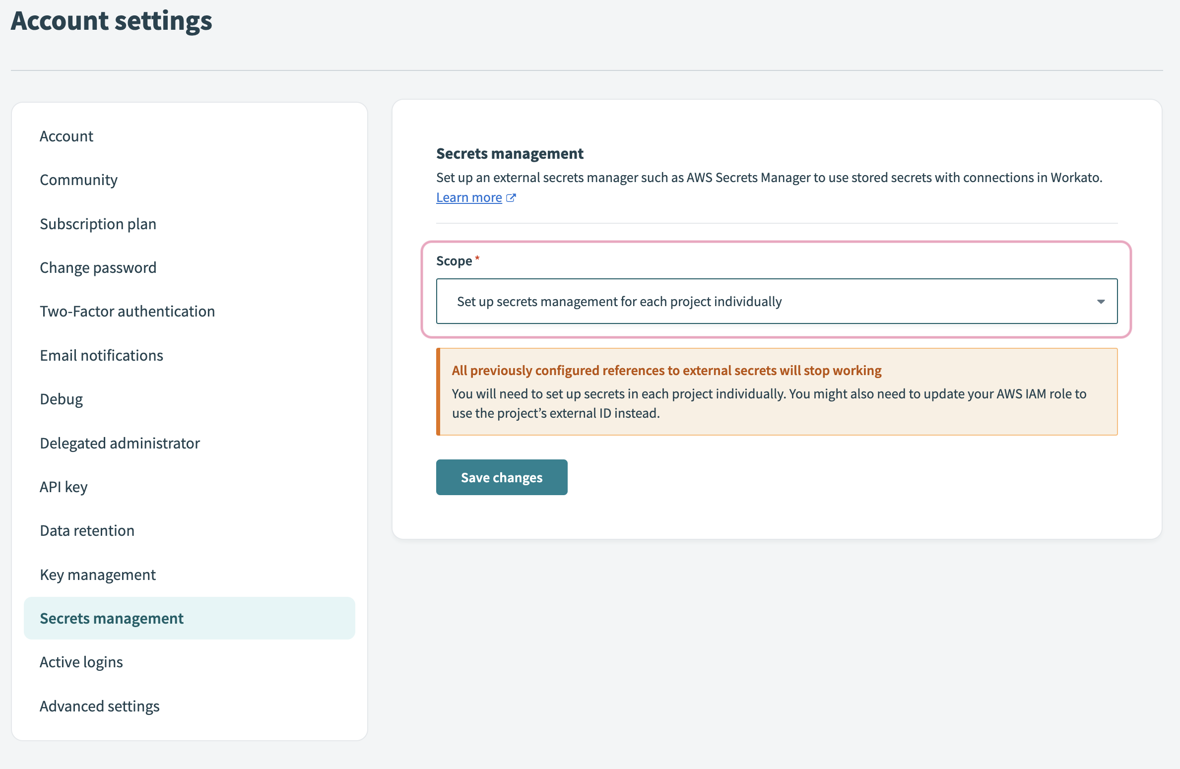 Workato secrets management, selecting project scope