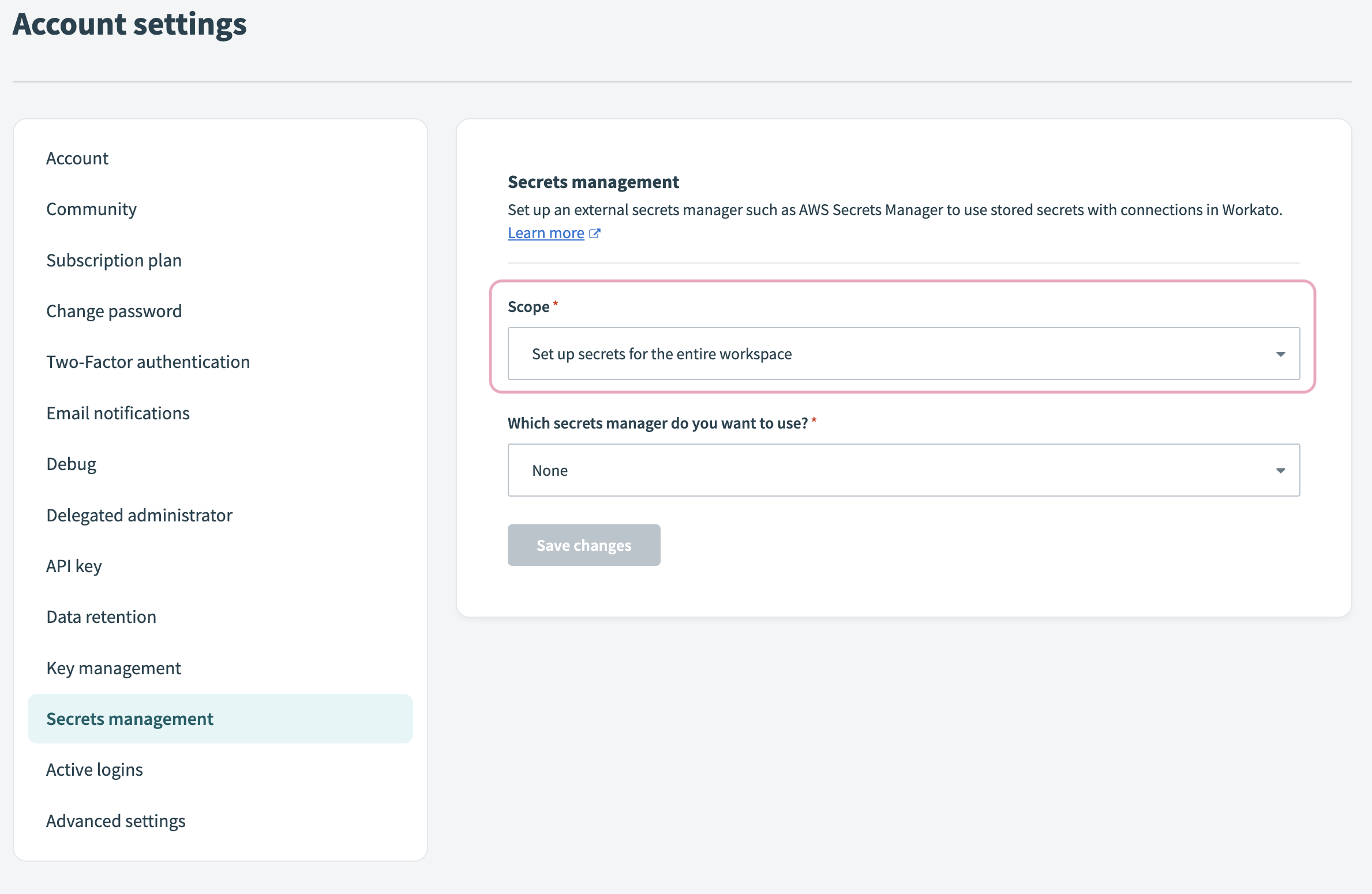 Workato secrets management, selecting workspace scope