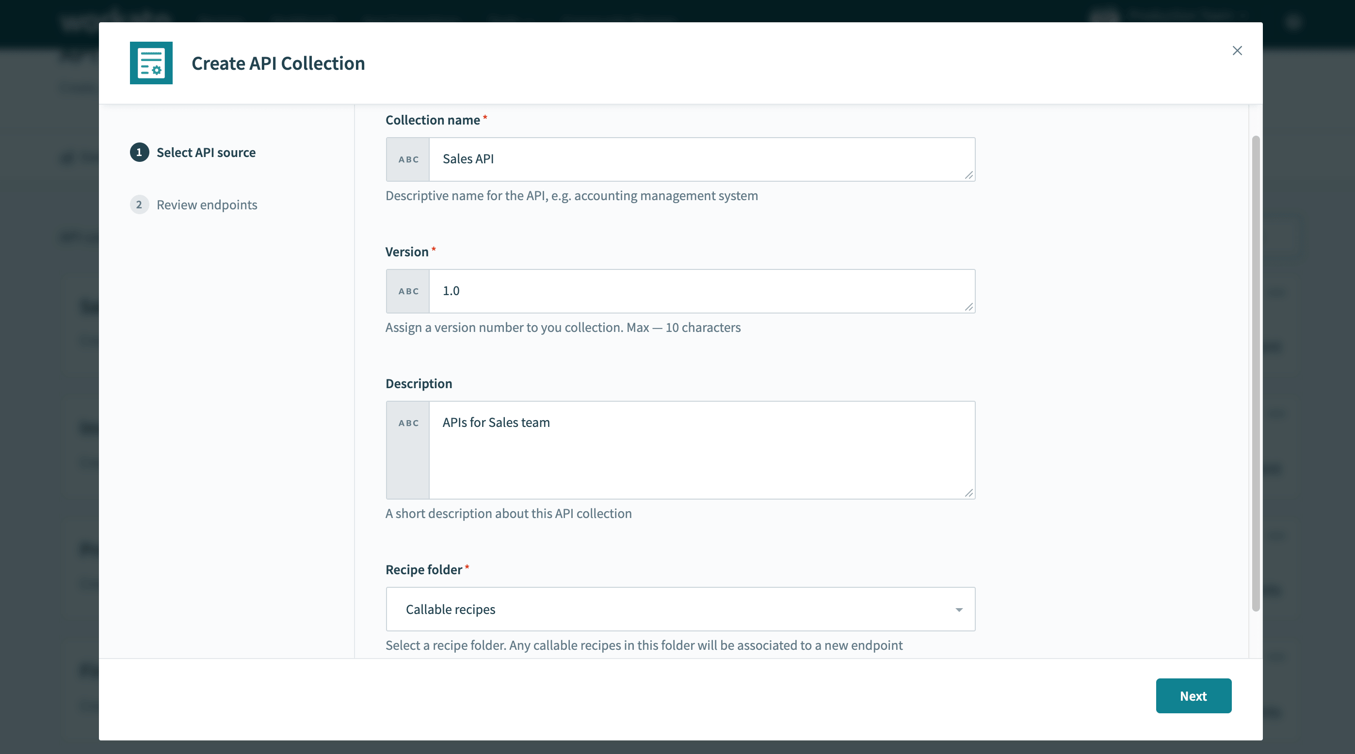 [Select API source] ダイアログ