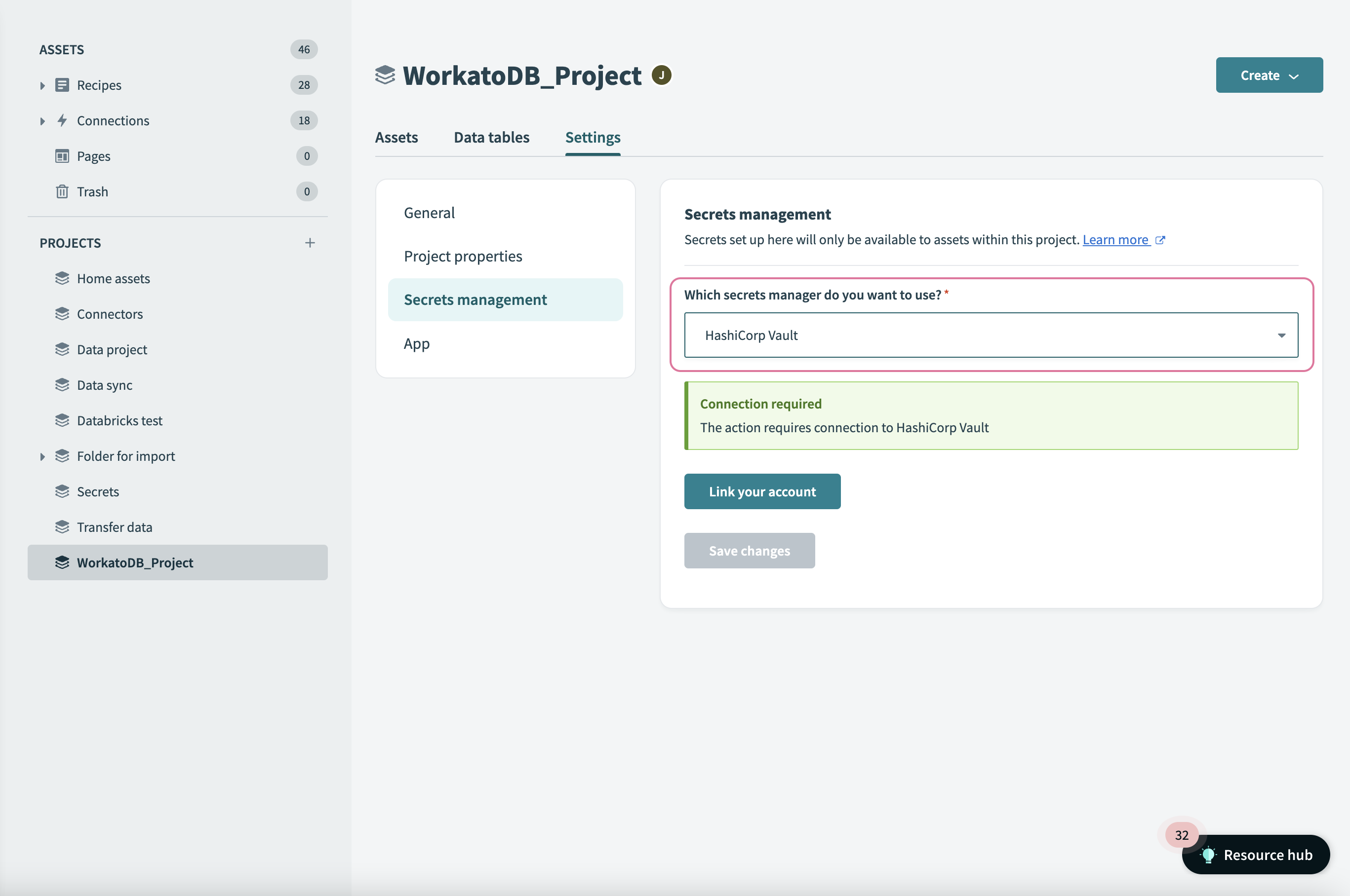 Secrets management interface of a project