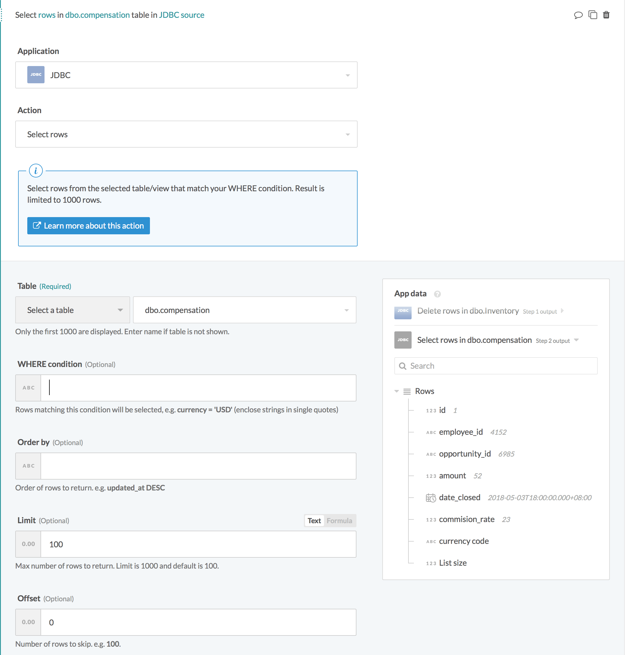 Select rows action