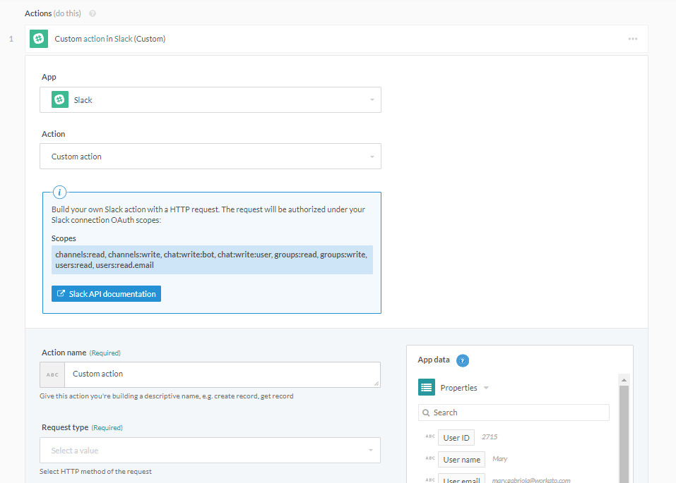 Select the Slack custom action