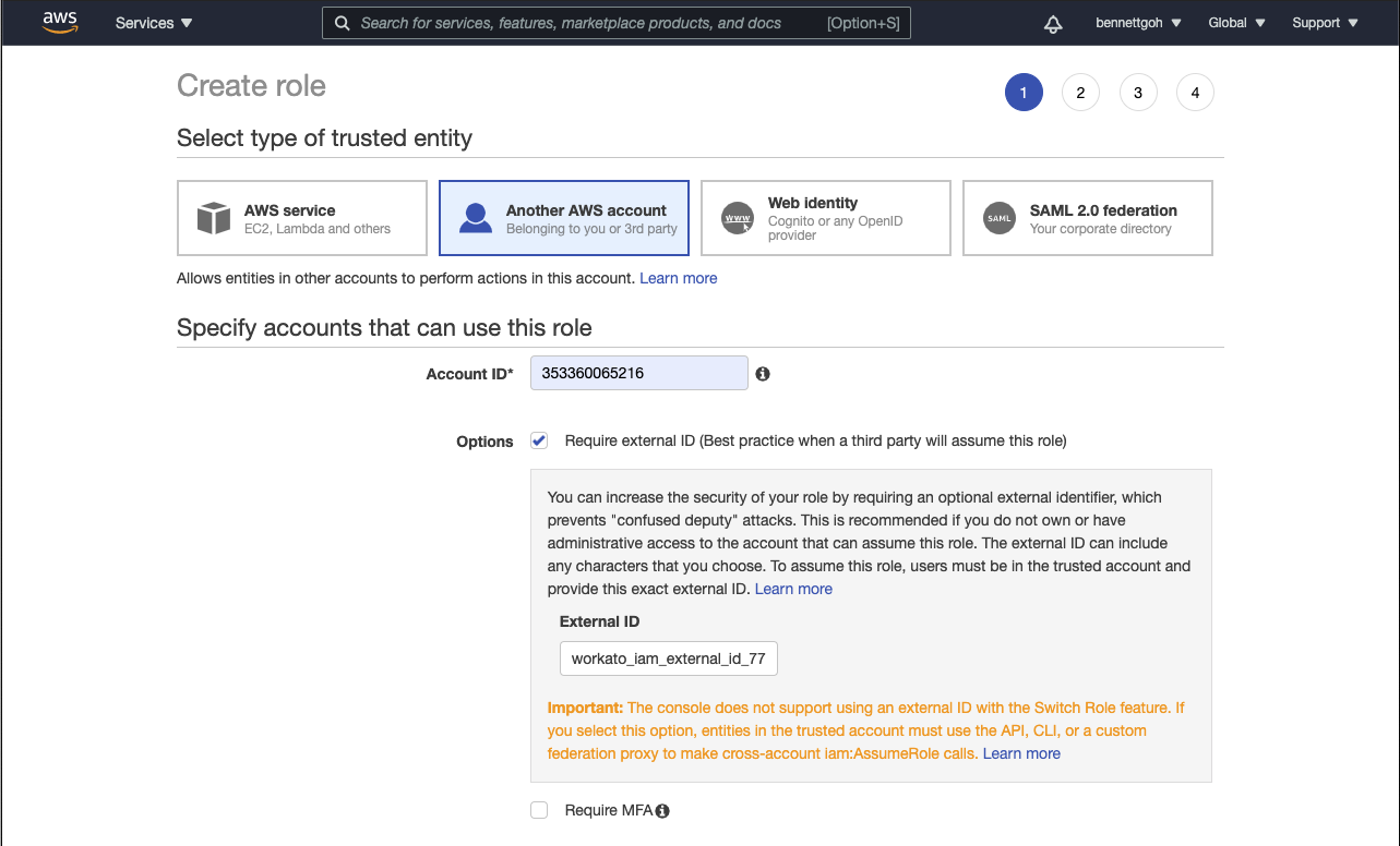 AWS IAM authentication page - entity type - Another AWS account