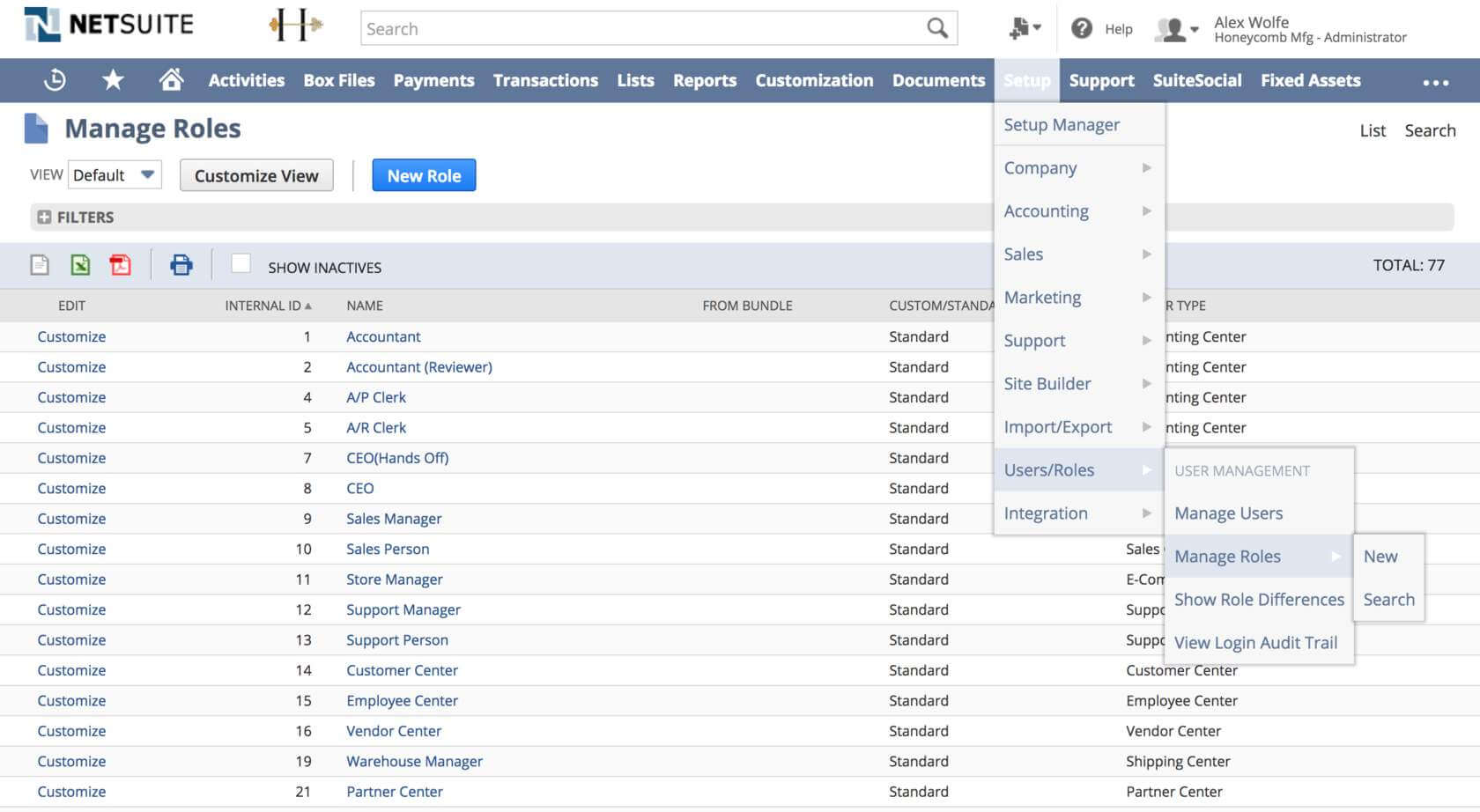 Setup > Users/Roles > Manage Roles