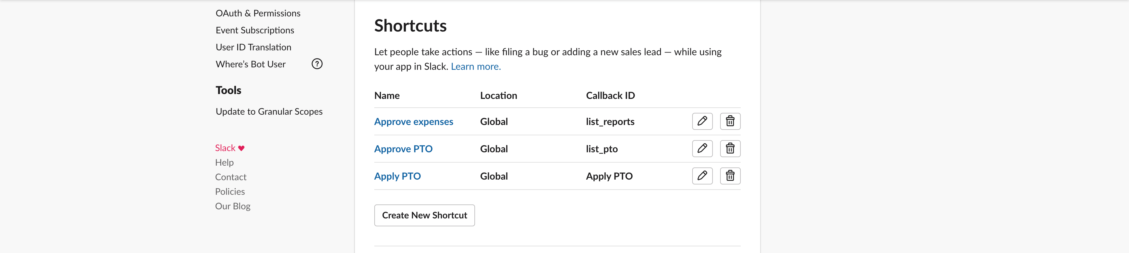 Creating shortcuts in Slack