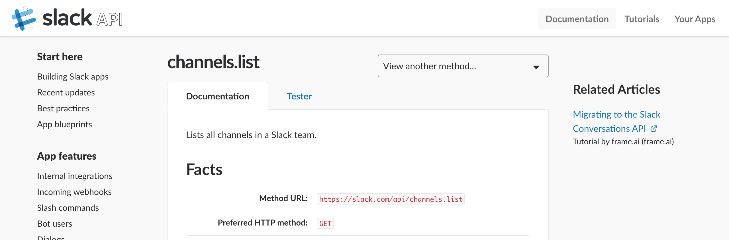 Slack's API documentation for list channels