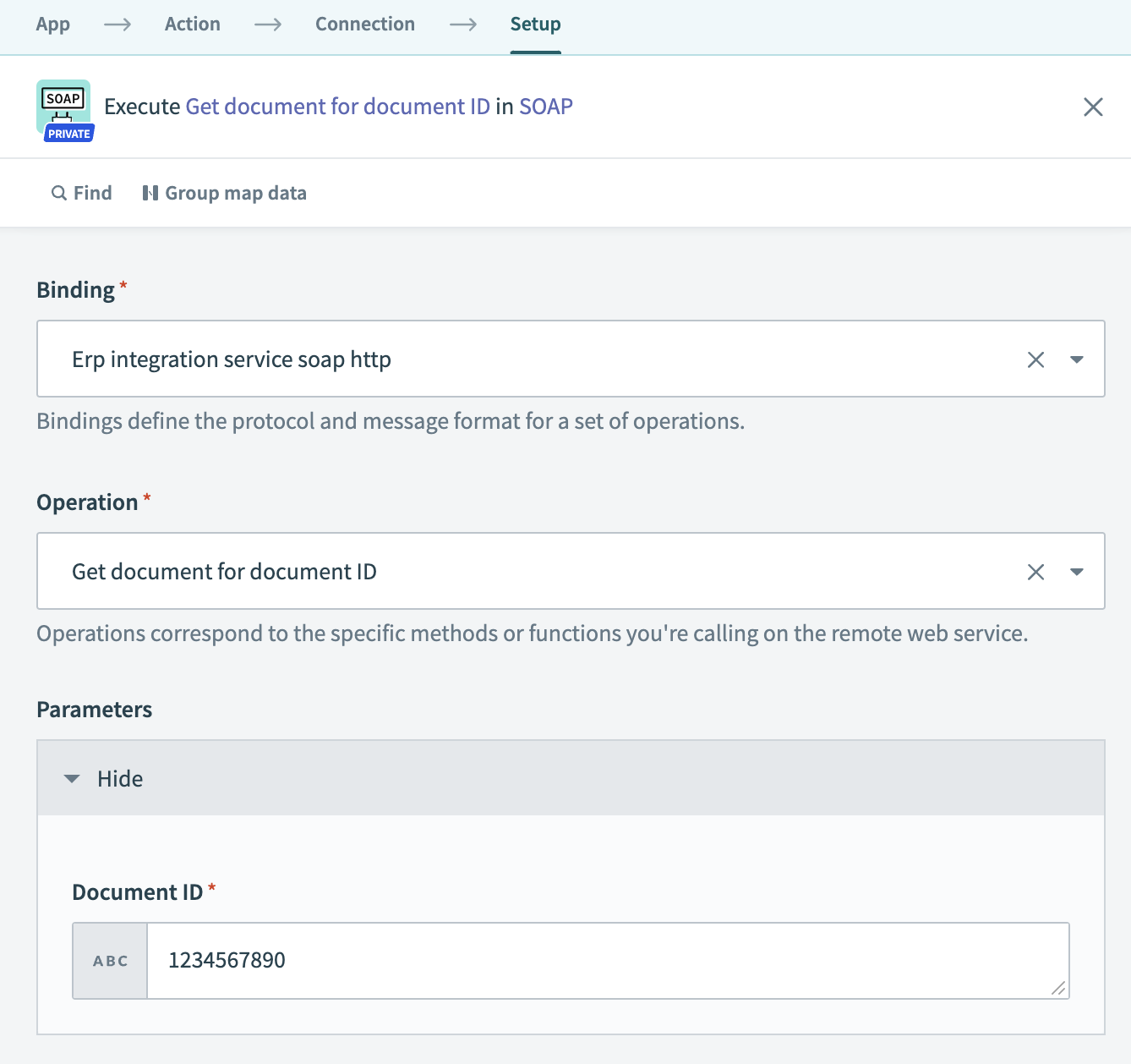 Example input fields for the SOAP execute operation action