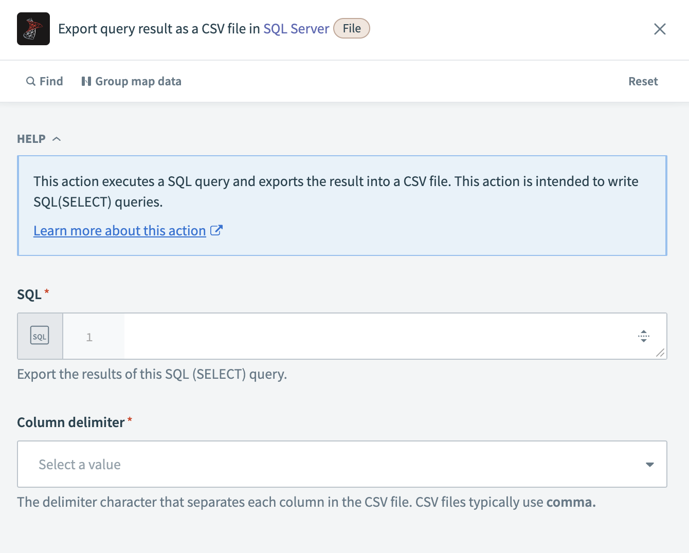 Export query result action cloud connection