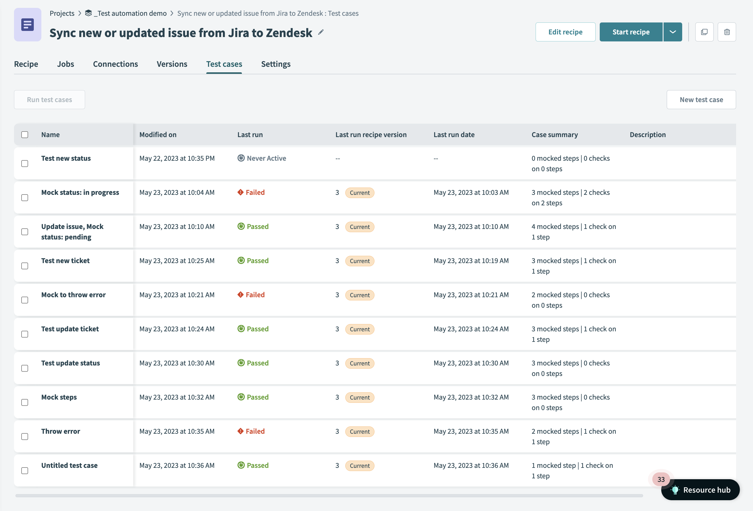 List of test cases