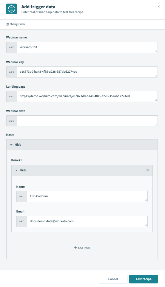 Form fields view for manual trigger testing