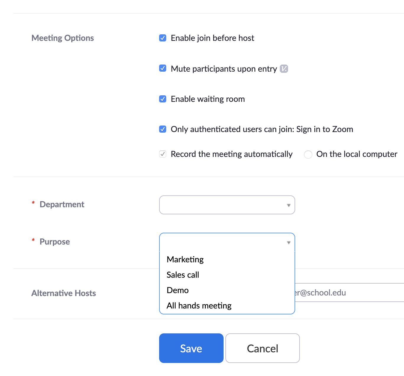 Tracking fields when scheduling a meeting