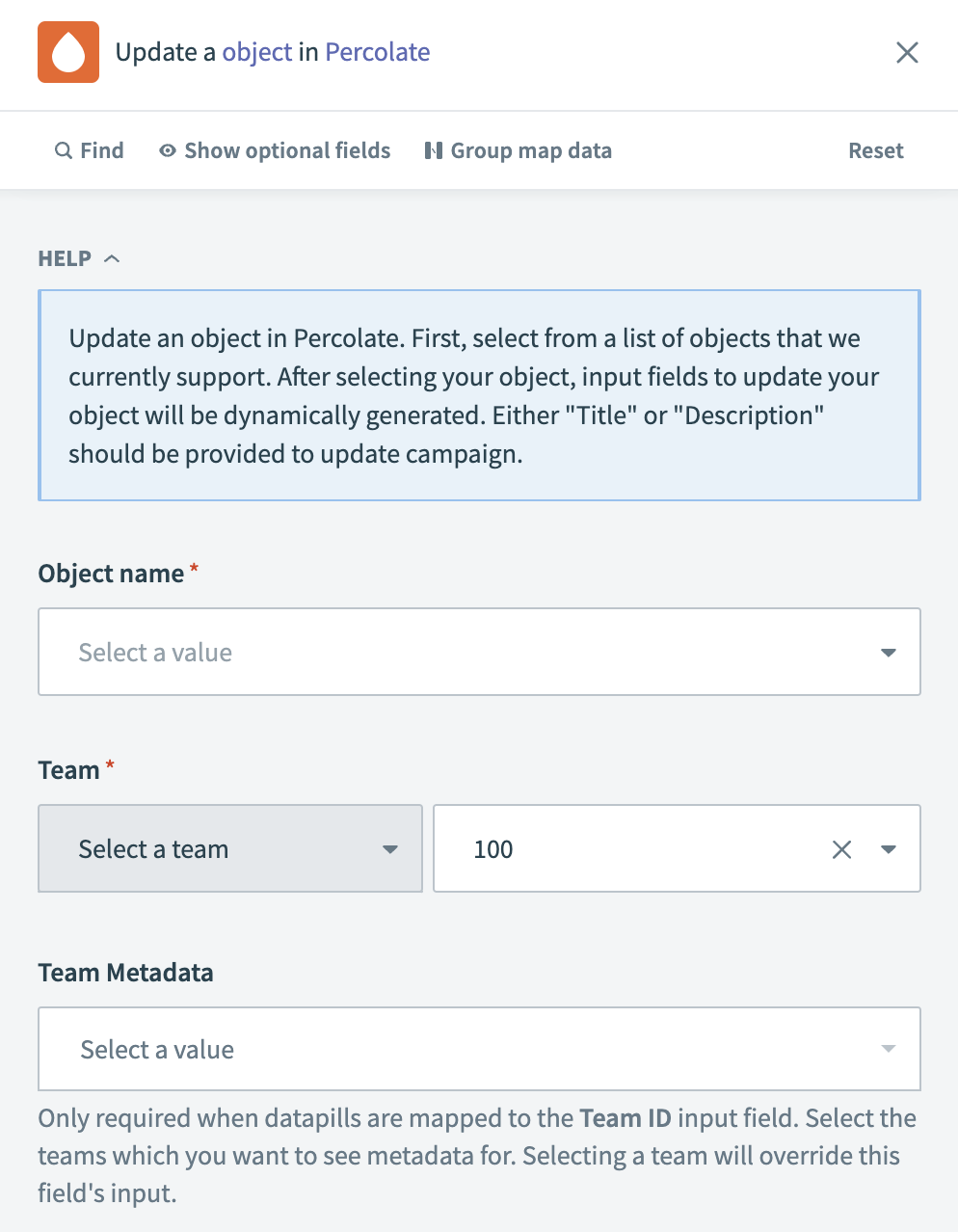 Update object in Percolate action