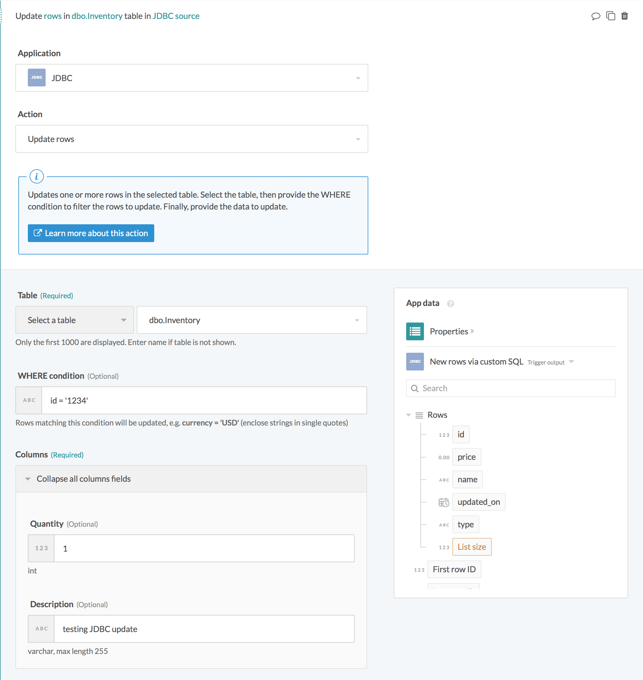 Update rows action