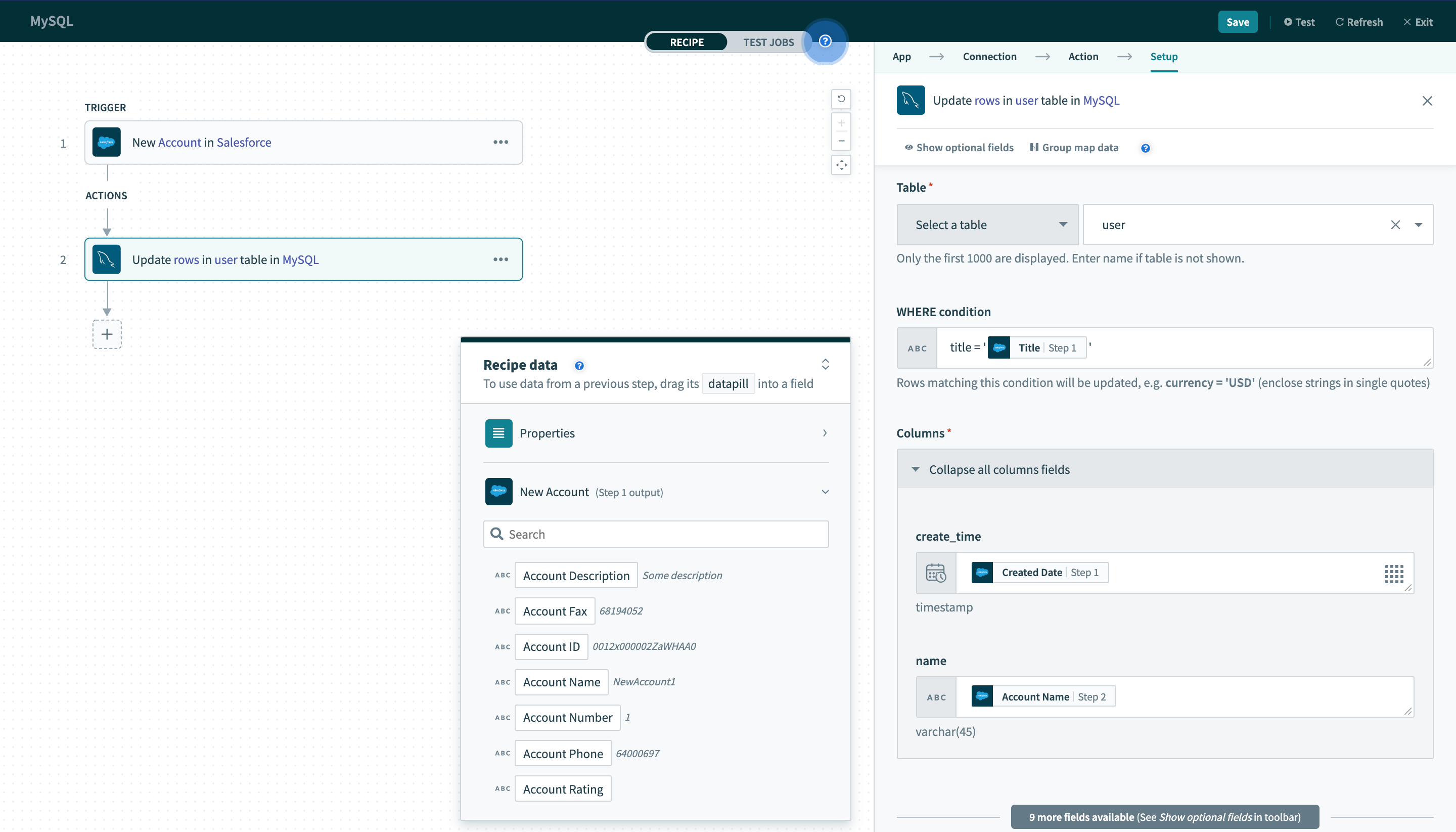 Update rows action