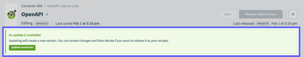 Updated OpenAPI connector version banner in the Workato UI