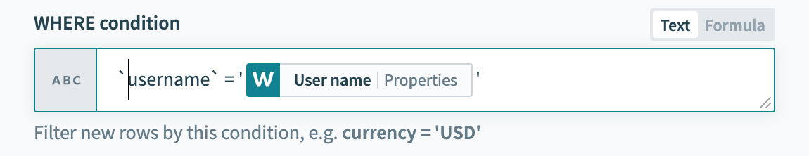 Using datapills in WHERE condition with backticks