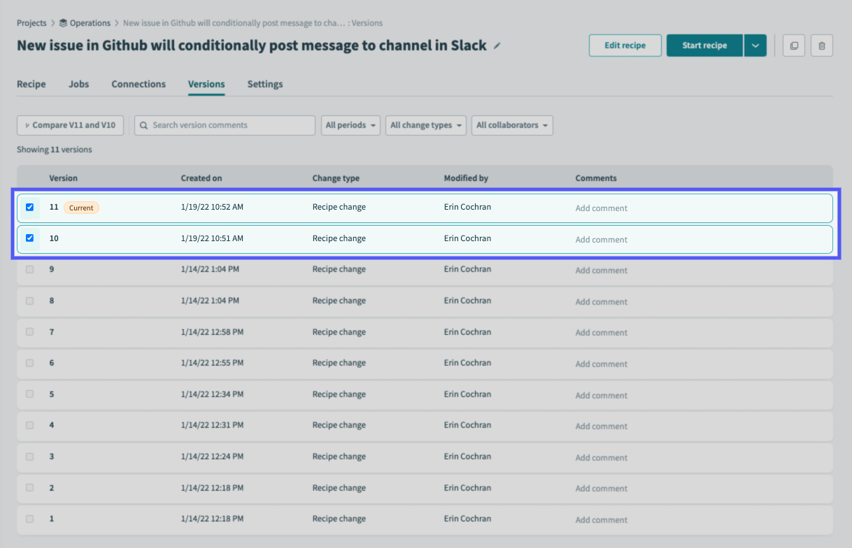 Checking boxes next to versions to compare