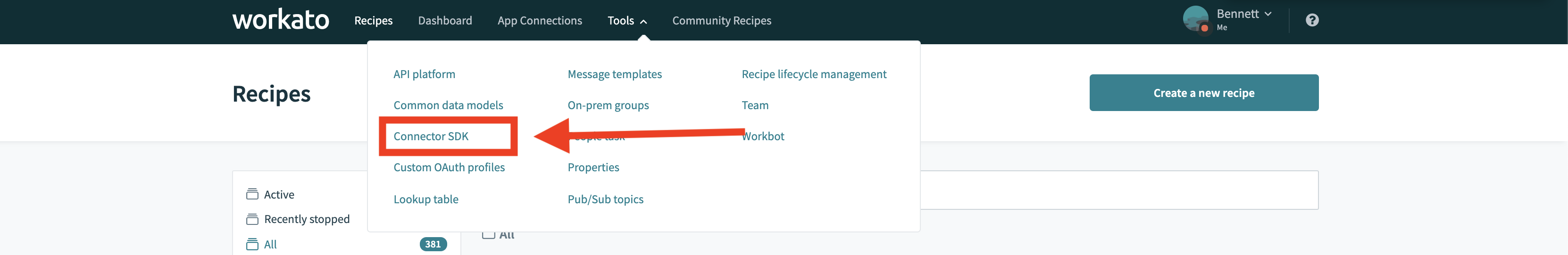 Navigating to Workato connector for webhook URI