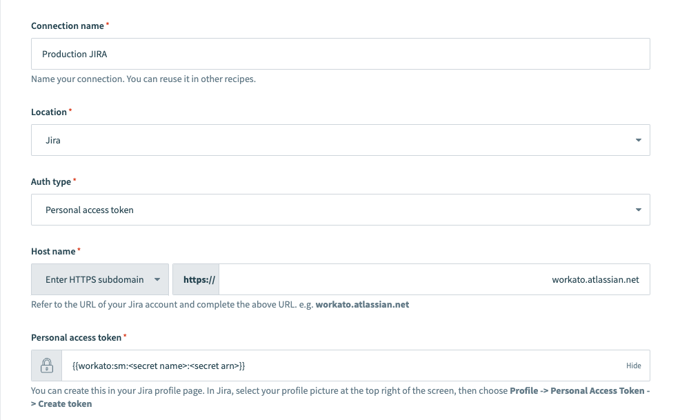 Jira connection in Workato configured with an AWS secret