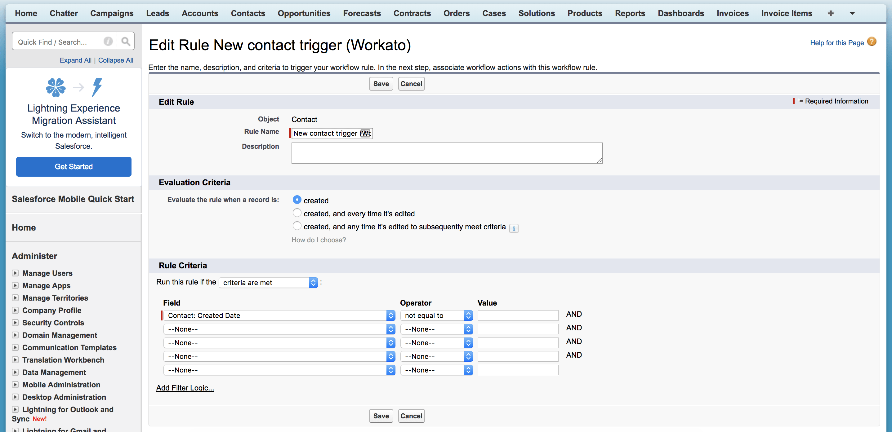 レコード作成時に評価される Salesforce のワークフロールールを設定