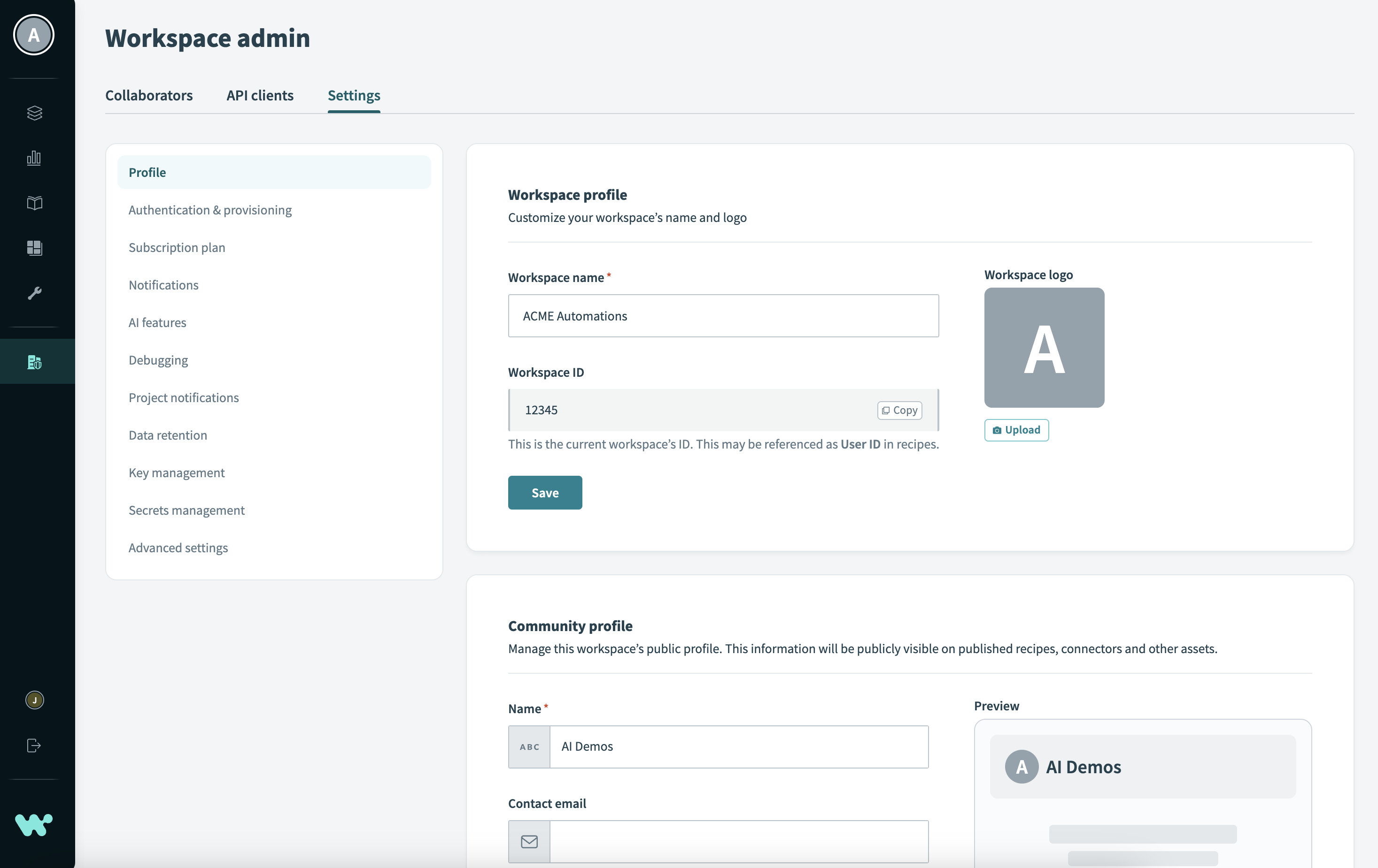 Workspace admin settings